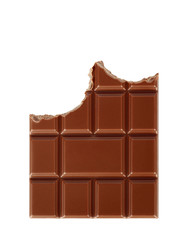 Bitten milk chocolate bar isolated on white background
