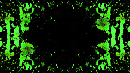 Frame of neon green painted abstract speckled splashes of color isolated on black background