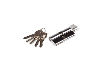 Lock cylinder with thumb turn and keys isolated on white background
