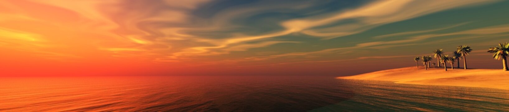 Panorama of a tropical beach at sunset, island in the ocean against the sky, 3D rendering