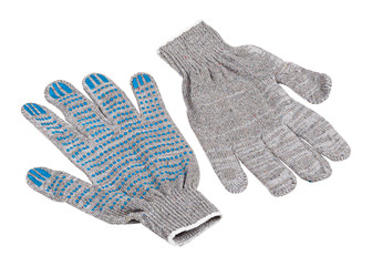 Pair of protective working cotton gloves with blue rubber dots, isolated on white background