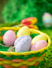 Colorful Easter eggs decorated with flowers in the grass background