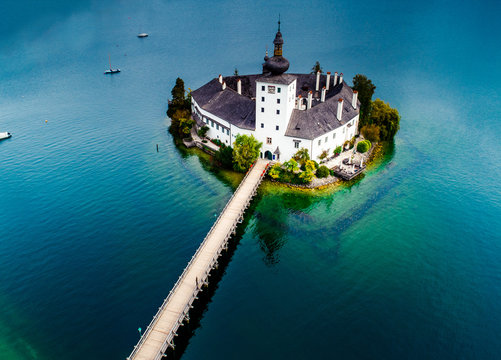 Aerial view of Gmunden Schloss with Traunsee lake in Austria