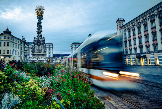 Trinity Column with flowerbed and tramway in Linz, Austria