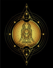 Woman ornate silhouette sitting in lotus pose and Sacred Geometry. Ayurveda symbol of harmony and balance. Tattoo design, yoga logo. poster, t-shirt textile. Anti stress book. Isolated vector.