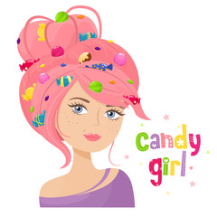 Candy girl. Sweets. Beautiful girl with sweets in her hair. Vector illustration.