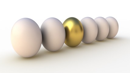Golden egg among others. 3D-rendering.