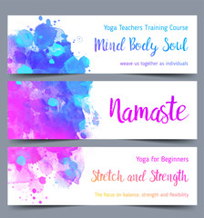 Stretch and Strength. Yoga card design. Colorful template for spiritual retreat or yoga studio. Ornamental business cards, oriental pattern. Vector illustration.