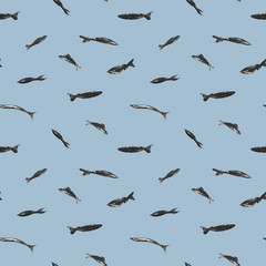 Seamless pattern. The elements are drawn by hand in ink. Black fish on a blue background.