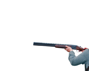 The shooter's hands are holding a shotgun, on a white background.