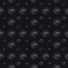 Abstract seamless pattern. Eyes, geometric shapes (circle and triangle) and lines. Elements are drawn by hand in ink.