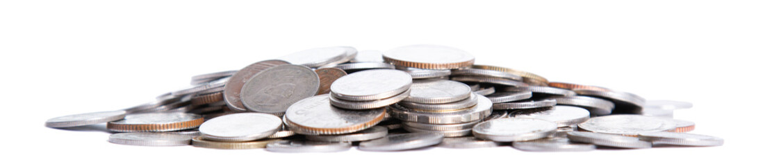 coins of Thailand,stacked .ether on a white background,isolated with clipping path