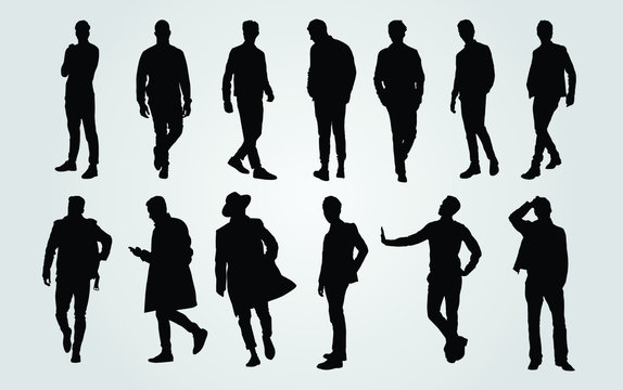 Silhouettes of Casual People in a Row. man silhouette vector