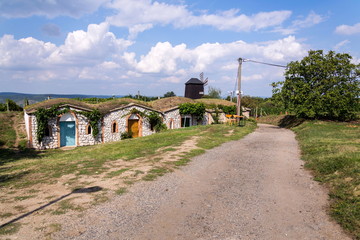 Traditional wooden windmill, Vrbice, Breclav district, Southern Moravia, Czech Republic, sunny summer day