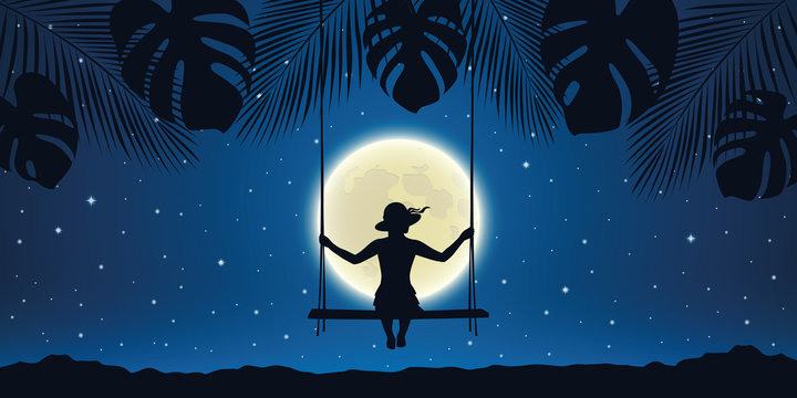 pretty girl on a swing at night background with full moon and palm tree leaves vector illustration EPS10