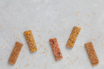 Granola bar. Healthy sweet dessert snack. Cereal granola bar with nuts, fruit and berries. Top view. 