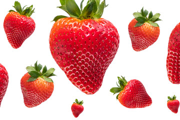 Banner. Ripe, group large strawberries, on a white background. Items in levitation. Isolated item.