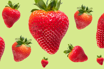 Background photo. Ripe, a group of large strawberries, on a light green background. Items in levitation. Isolated item.