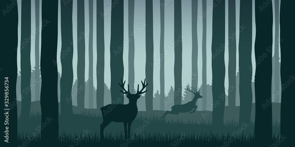 Wall mural wildlife elk in green forest nature landscape vector illustration EPS10