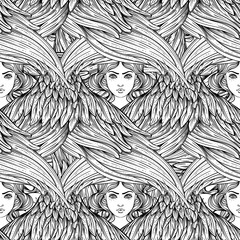 Seraph, six winged Angel. Seamless pattern. Color hand drawn vector illustration. Highest rank in Christian angelology. Trendy Vintage style element. Spirituality, occultism, alchemy, magic, love.