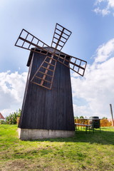Traditional wooden windmill, Vrbice, Breclav district, Southern Moravia, Czech Republic, sunny summer day