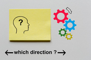 yellow note sticker with silhouette of a head with question mark and the text: which direction? On the right side colored gear wheels where you can not see the final direction of rotation