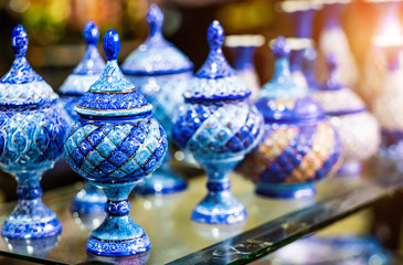 Beatiful ornamented blue ceramic vases in shop