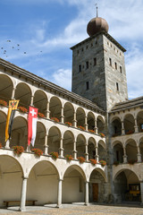 Fototapeta premium Flock of birds flying above the Stockalper castle in Brig