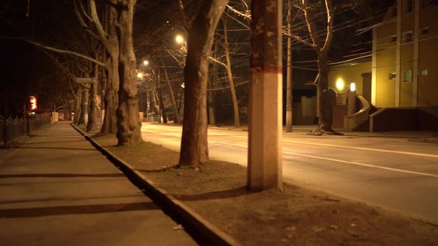 Simferopol empty city streets with street lights at night in autumn.