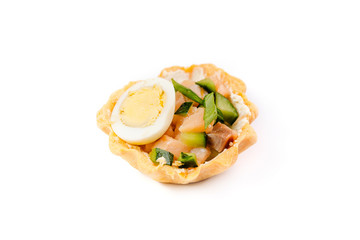 tartlet  with salmon, zucchini and egg isolated on white background