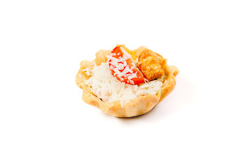 tartlet with cheese, tomato and cracker isolated on white background