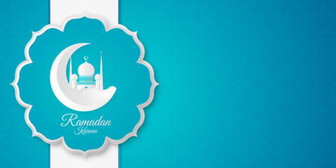 Ramadan Kareem background vector illustration. Islamic background with mosque decoration in blue white color. Suit for greeting card islamic design background, presentation design, banner, sale banner