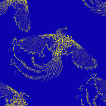 Creative seamless pattern with hand drawn chinese art elements: phoenix, lantern, fan and flowers. Trendy print. Fantasy chinese phoenix, great design for any purposes. Asian culture. Abstract art.
