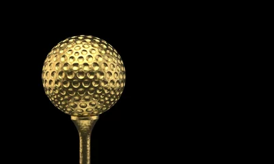Fotobehang 3d rendering. Luxurious Golden golf ball on tee prize with clipping path isolated on black background. © PATARA