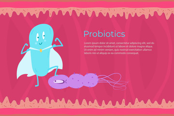 Probiotics pathogenic bacteria against the background of intestinal work. Vector illustration.