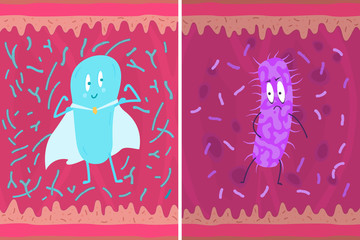Probiotics pathogenic bacteria against the background of intestinal work. Vector illustration.