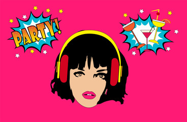 Retro girl with headphones and cocktail  glasses, party pink background