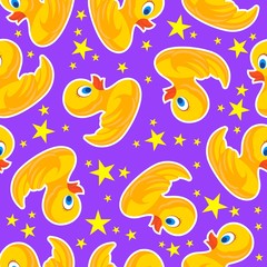 Cheerful childish seamless pattern. Yellow ducks and stars on a purple background. Vector illustration.
