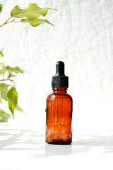 Bottles of aromatic oil with petals on the background. Basics of aromatherapy.  Botanical skin care at home Spa treatment. Top view. 