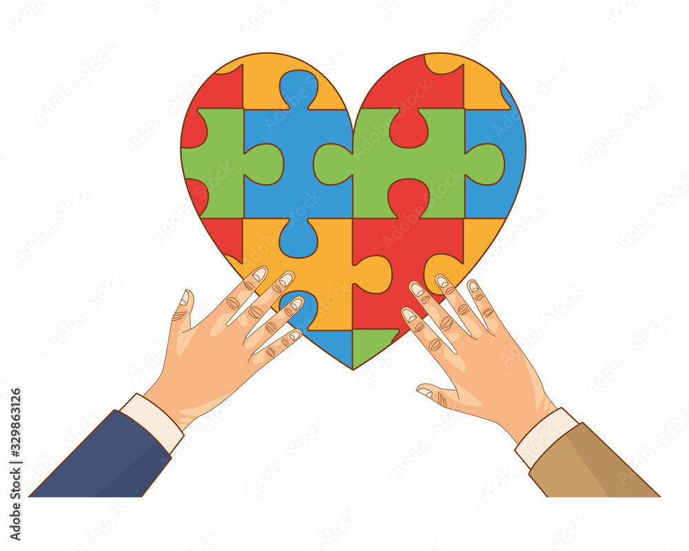 Sticker hands human with heart puzzle game pieces