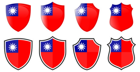 Vertical Taiwan flag in shield shape, four 3d and simple versions. Taiwanese icon / sign