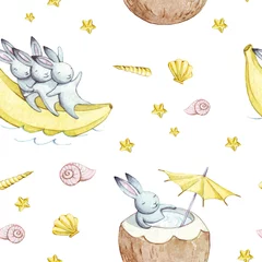 Fotobehang Konijn Schattig konijn. Hand getekende aquarel naadloze patroon. Behang met feestbabana, kokosnoot, schelp, zeester en fantasiekonijnen tekenfilmdieren op witte achtergrond. Uitstekende textuur.
