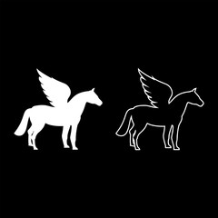 Pegasus Winged horse silhouette Mythical creature Fabulous animal icon outline set white color vector illustration flat style image