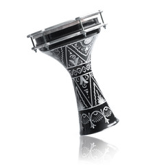 Exotic black drum with ethnic white ornament painted on body, isolated on reflecting white background