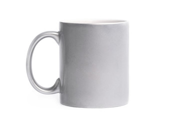 Ceramic silver colored cup on white background isolated with copy space