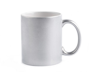 Ceramic silver colored cup on white background isolated with copy space