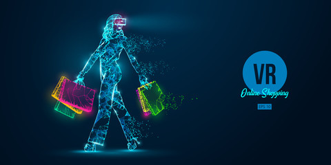 Fototapeta na wymiar VR online shopping. Polygonal woman, girl wearing virtual reality glasses. Beautiful happy woman is walking with a shopping bags, buy a goods in one click. VR headset holographic wireframe vector