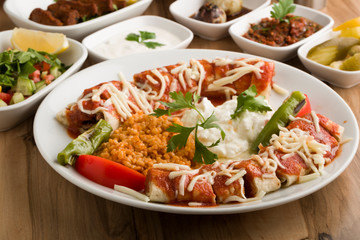 traditional turkish  beyti kebap meal  with garnitures