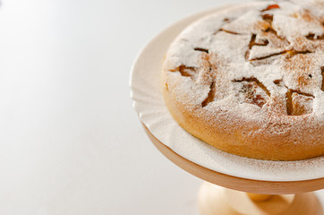 Homemade tender charlotte (apple pie) sprinkled with powdered sugar on a wooden stand.