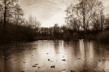 Frozen pond, small frozen lake, large pond that is frozen, black and white photo